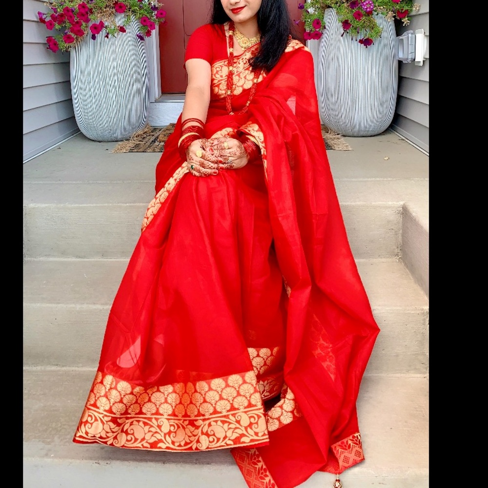 Red Pure Cotton Saree with tassels